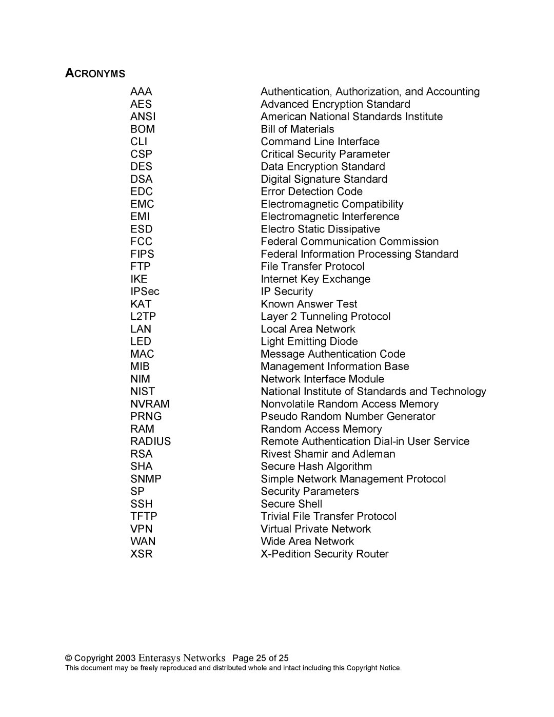 Enterasys Networks XSR-1850, XSR-1805, XSR-3250 manual Xsr, Copyright 2003 Enterasys Networks Page 25 