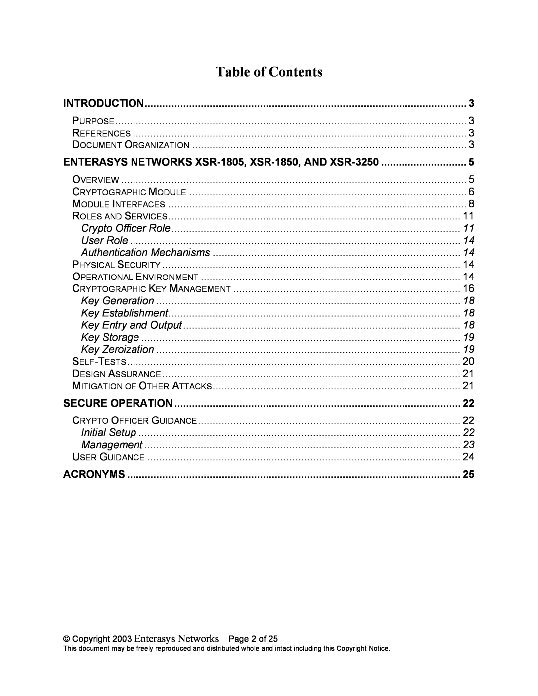 Enterasys Networks manual Table of Contents, Introduction, ENTERASYS NETWORKS XSR-1805, XSR-1850, AND XSR-3250, Acronyms 