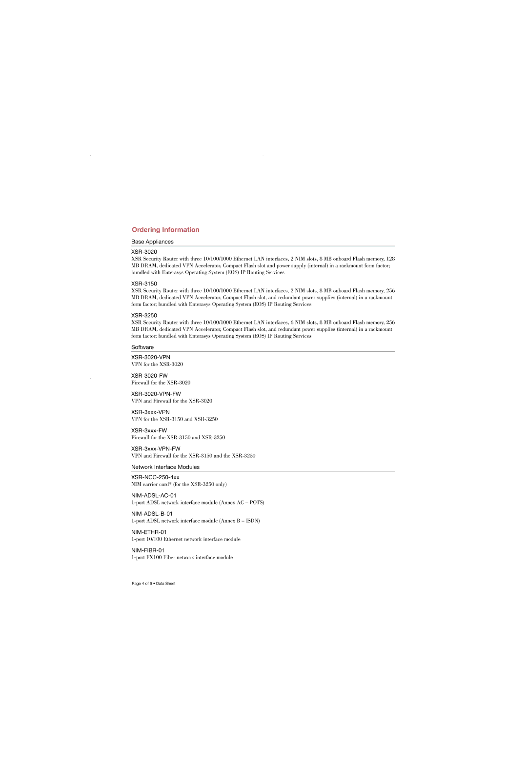 Enterasys Networks XSR 3000 Series manual Ordering Information 