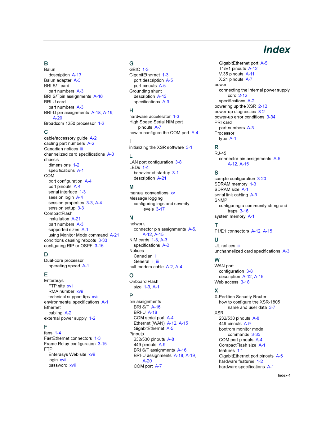 Enterasys Networks XSR-3020 manual Index 