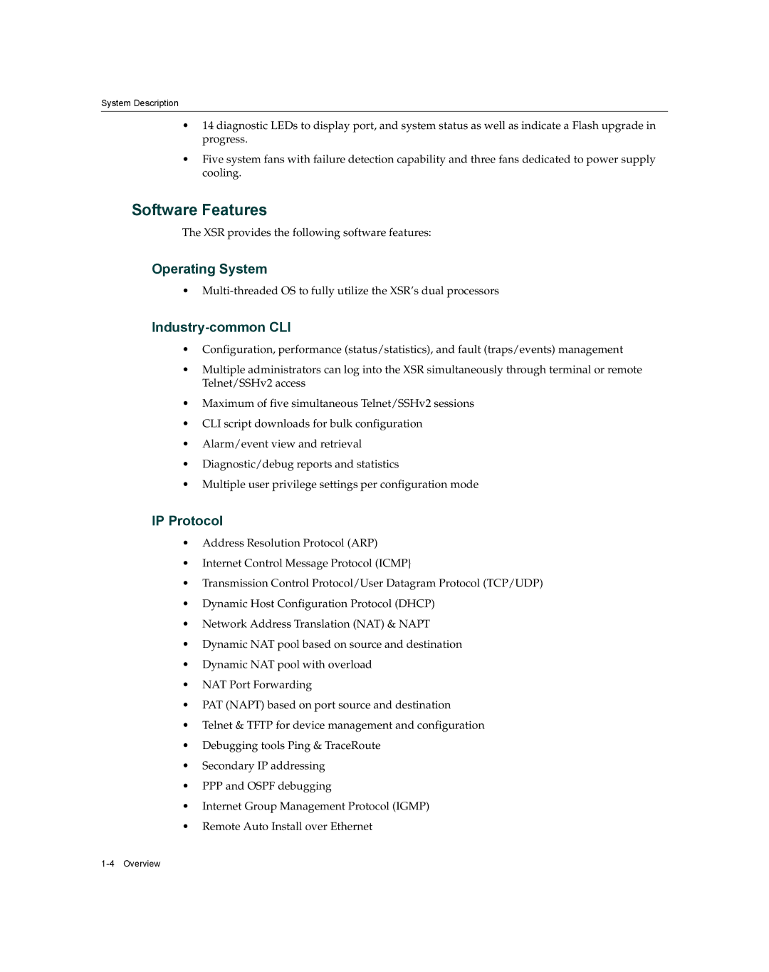 Enterasys Networks XSR-3020 manual Software Features, Operating System, Industry-common CLI, IP Protocol 