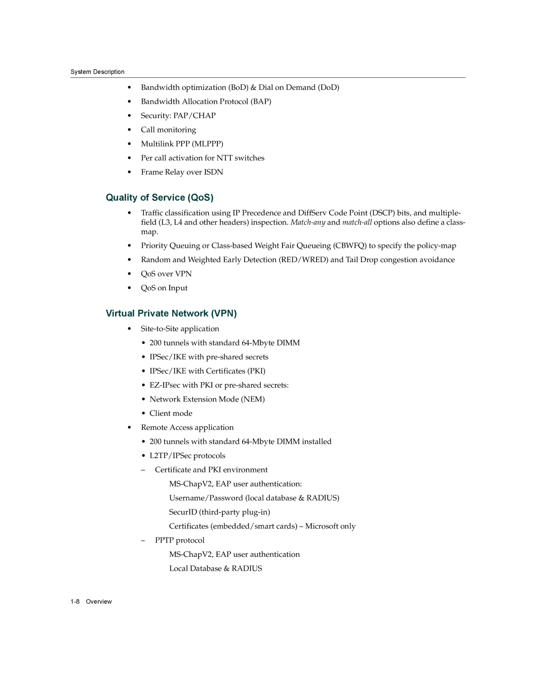 Enterasys Networks XSR-3020 manual Quality of Service QoS, Virtual Private Network VPN 