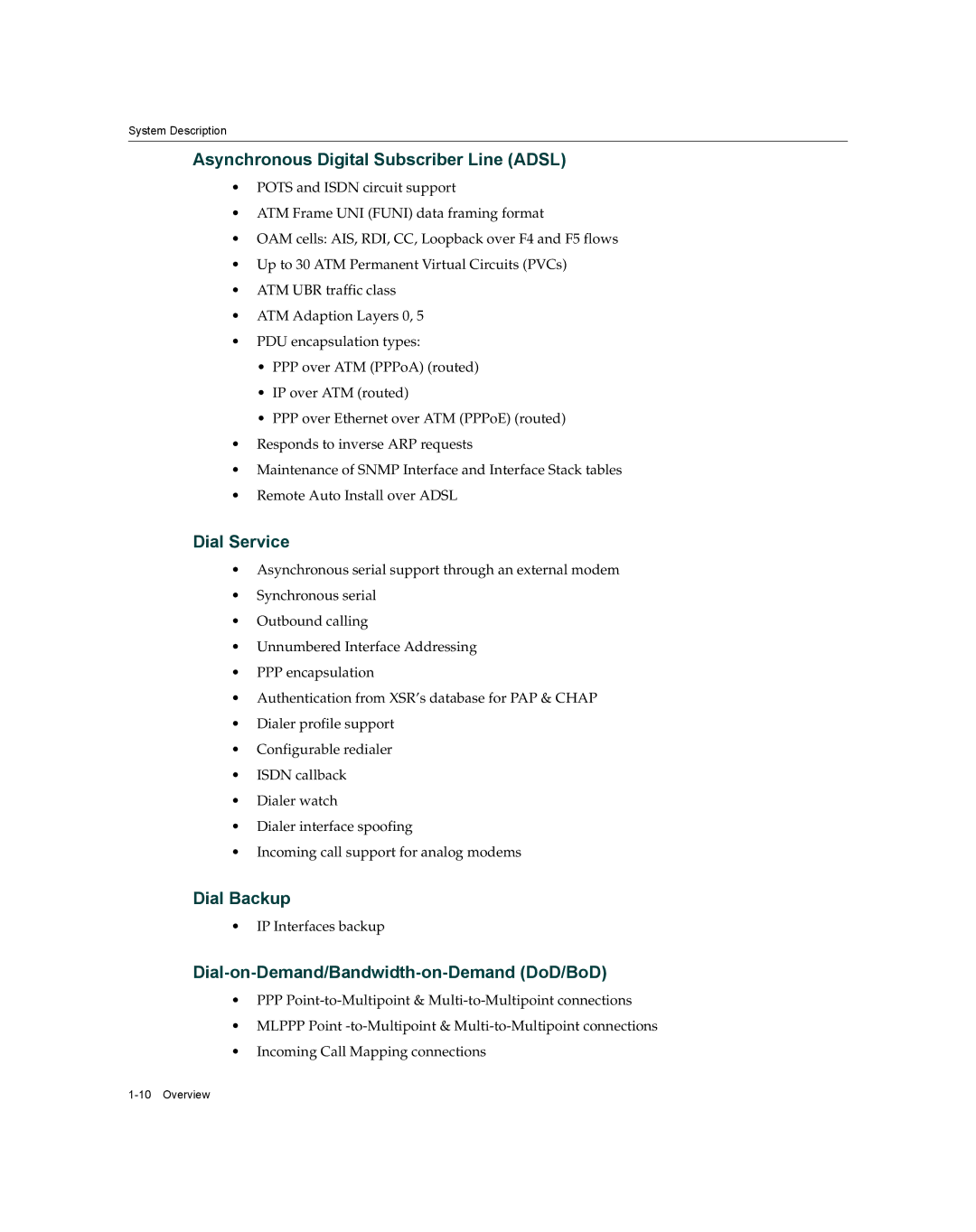 Enterasys Networks XSR-3020 manual Asynchronous Digital Subscriber Line Adsl, Dial Service, Dial Backup 