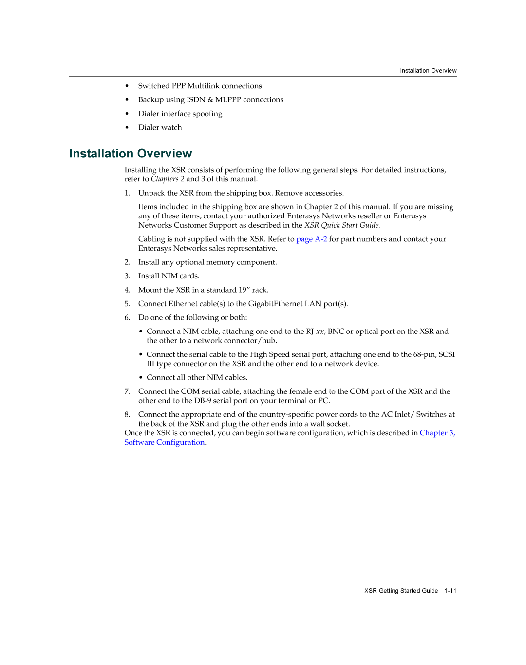 Enterasys Networks XSR-3020 manual Installation Overview 