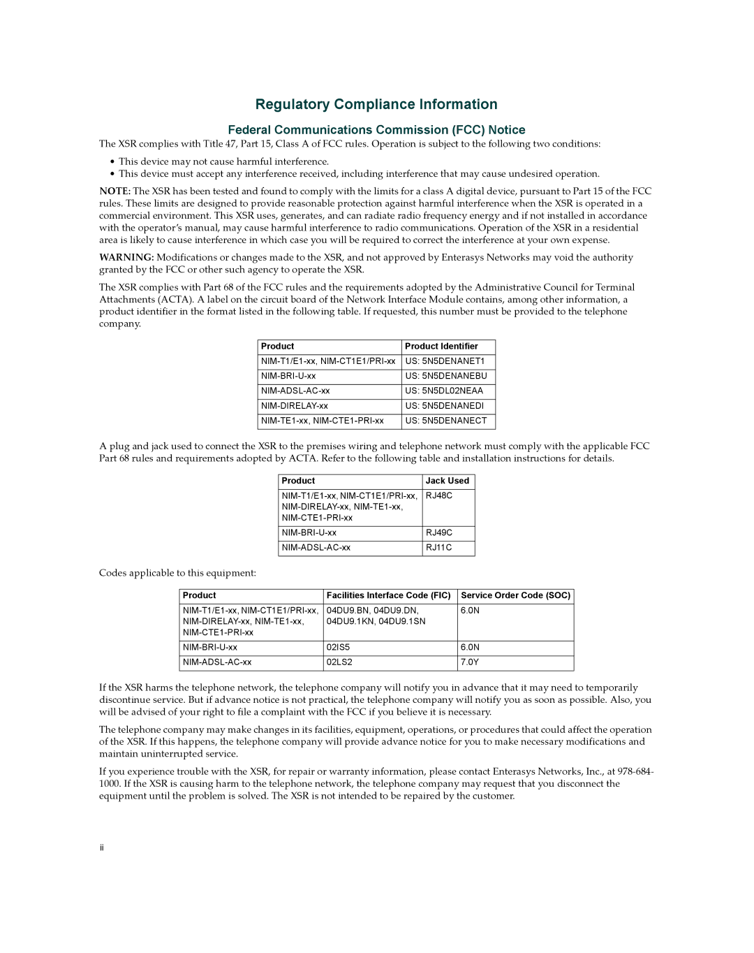 Enterasys Networks XSR-3020 manual Regulatory Compliance Information 