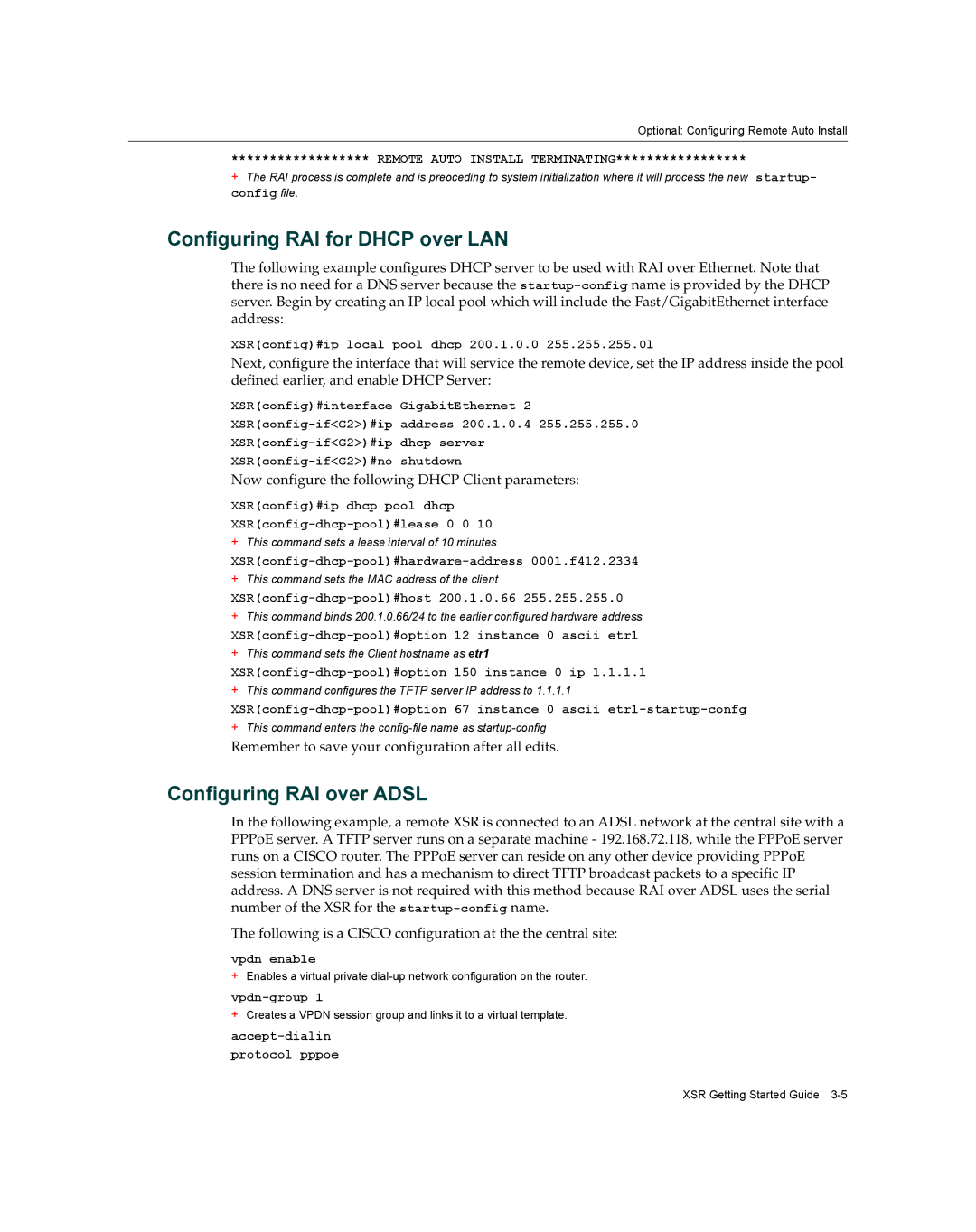 Enterasys Networks XSR-3020 manual Configuring RAI for Dhcp over LAN, Configuring RAI over Adsl 