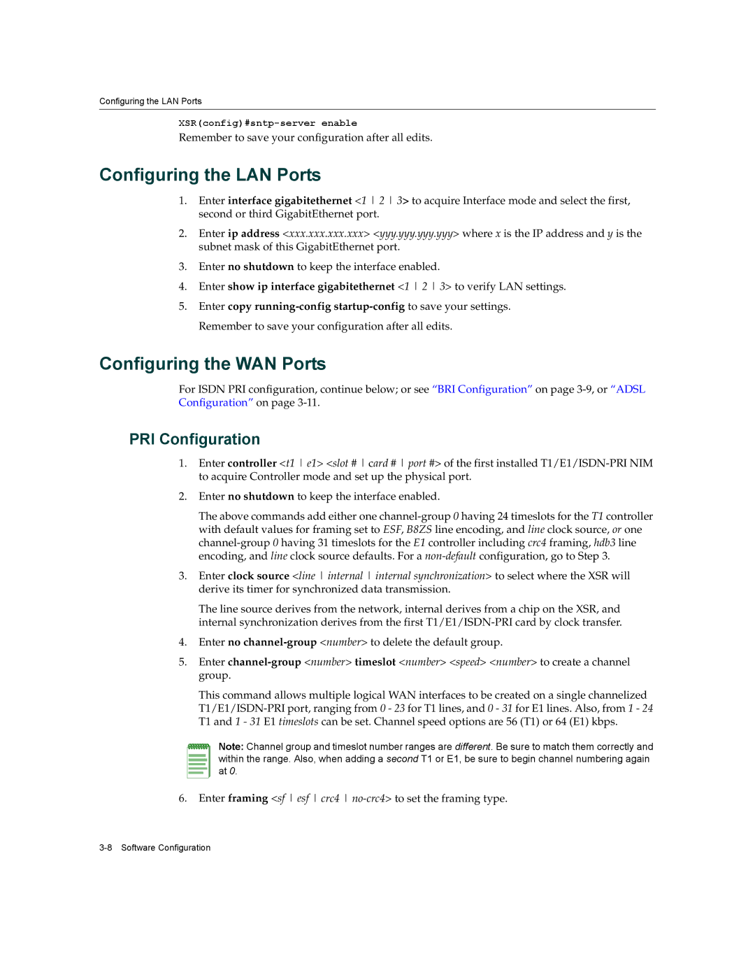 Enterasys Networks XSR-3020 manual Configuring the LAN Ports, Configuring the WAN Ports, PRI Configuration 