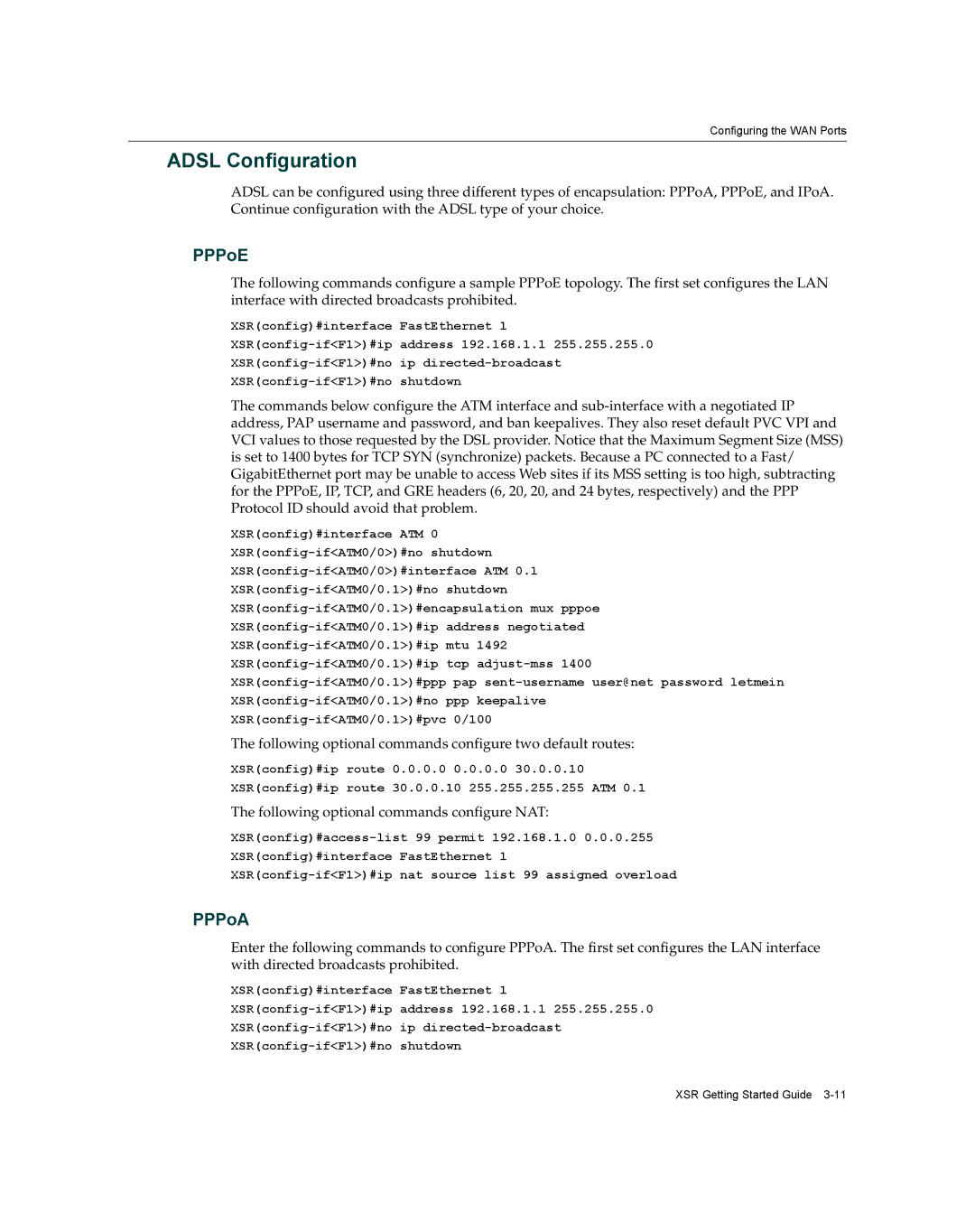 Enterasys Networks XSR-3020 manual Adsl Configuration, PPPoE, PPPoA 