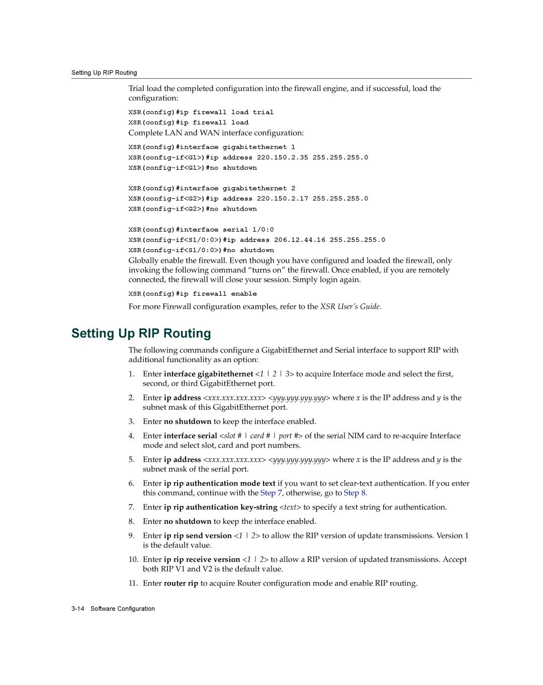 Enterasys Networks XSR-3020 manual Setting Up RIP Routing, Complete LAN and WAN interface configuration 