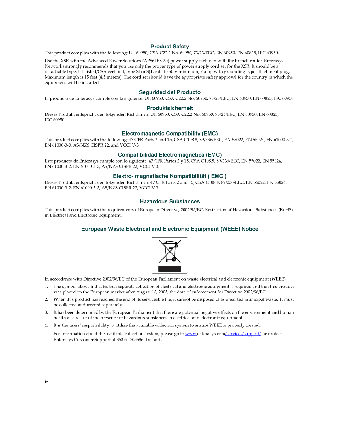 Enterasys Networks XSR-3020 manual Product Safety 