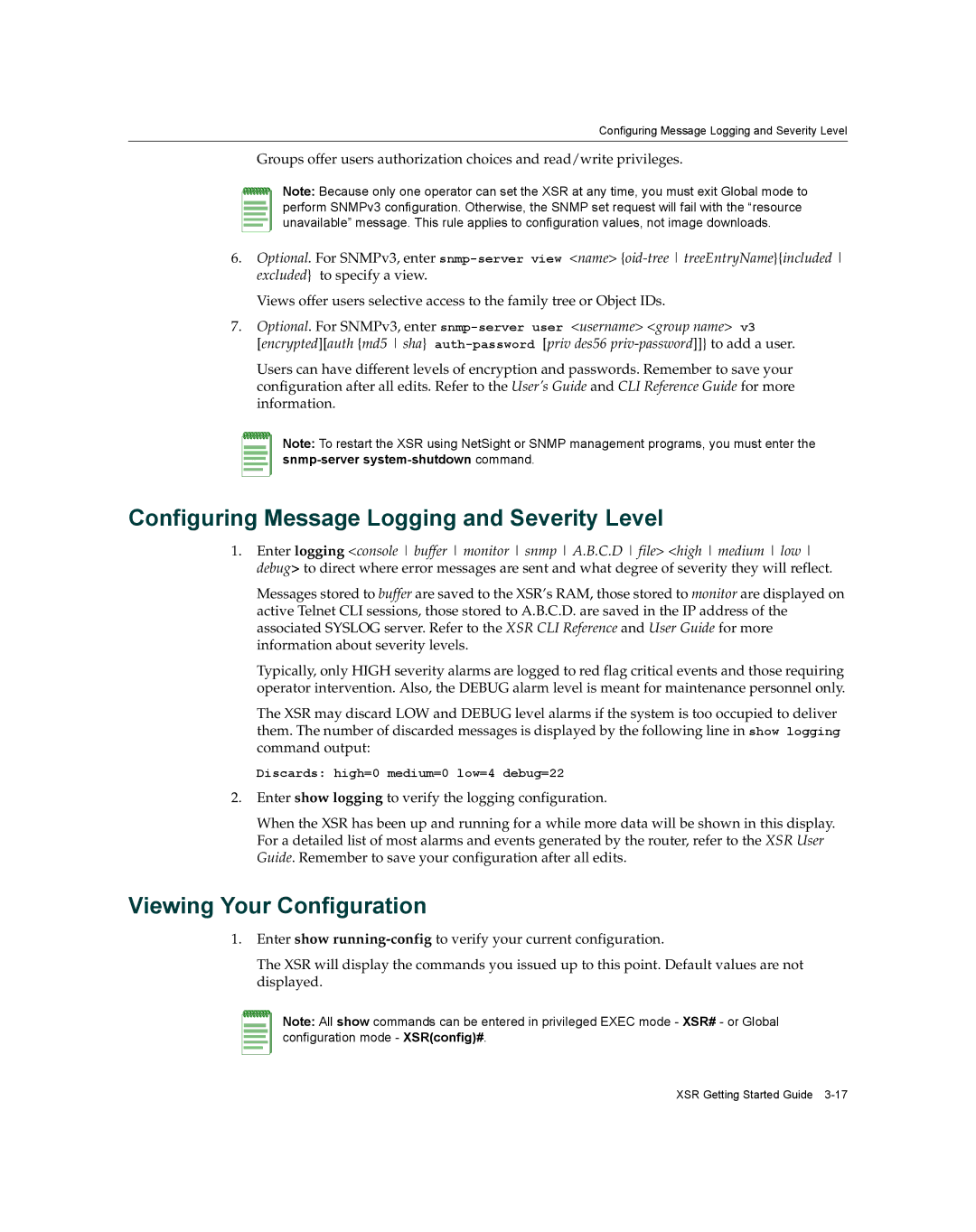 Enterasys Networks XSR-3020 manual Configuring Message Logging and Severity Level, Viewing Your Configuration 