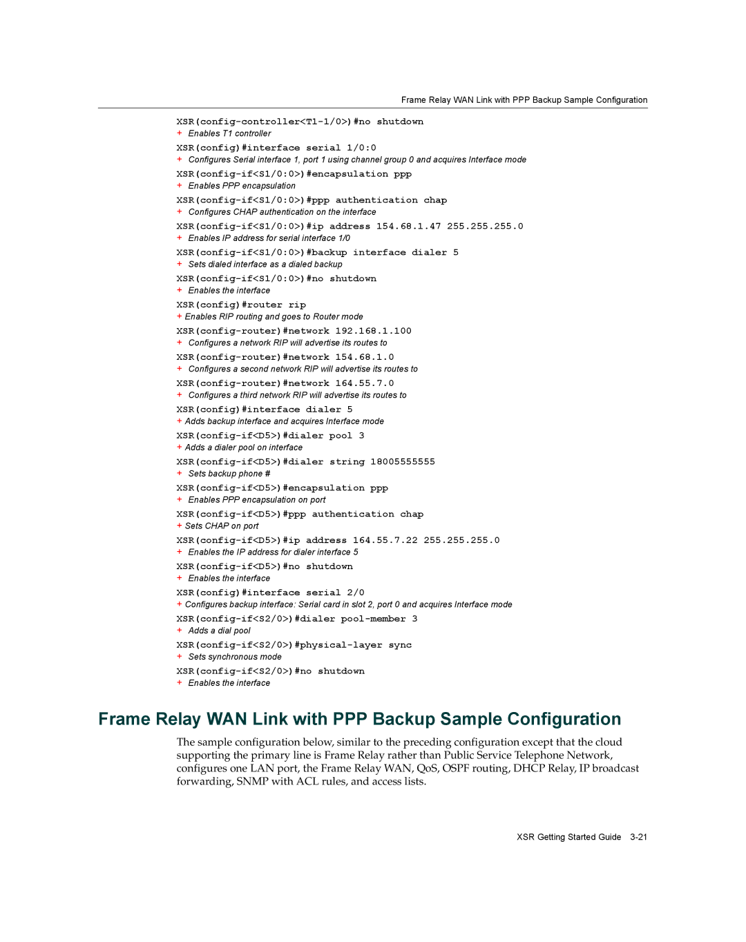 Enterasys Networks XSR-3020 manual Frame Relay WAN Link with PPP Backup Sample Configuration 