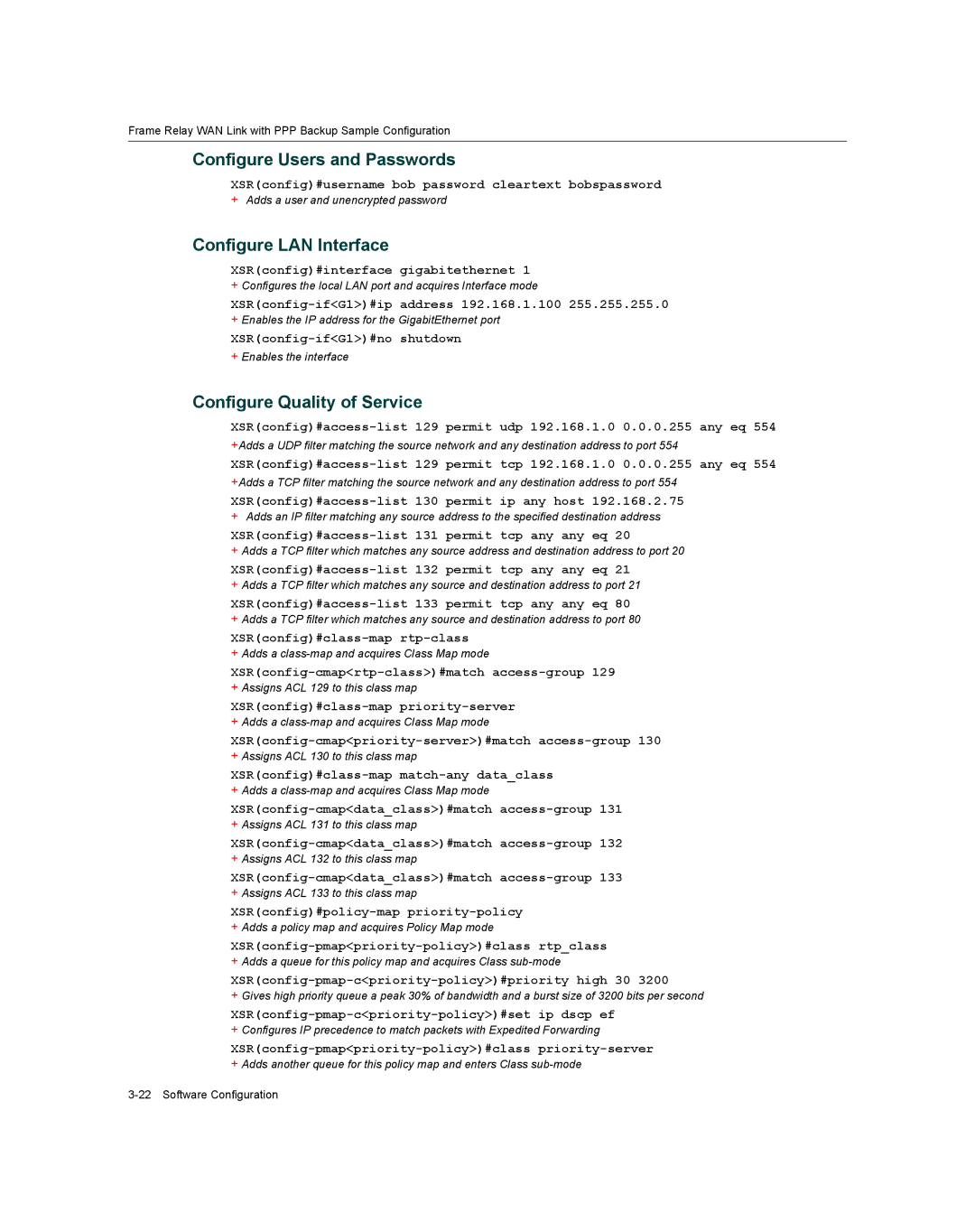 Enterasys Networks XSR-3020 manual Configure Users and Passwords, Configure LAN Interface, Configure Quality of Service 