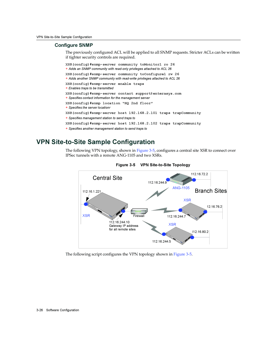 Enterasys Networks XSR-3020 manual VPN Site-to-Site Sample Configuration, Configure Snmp 