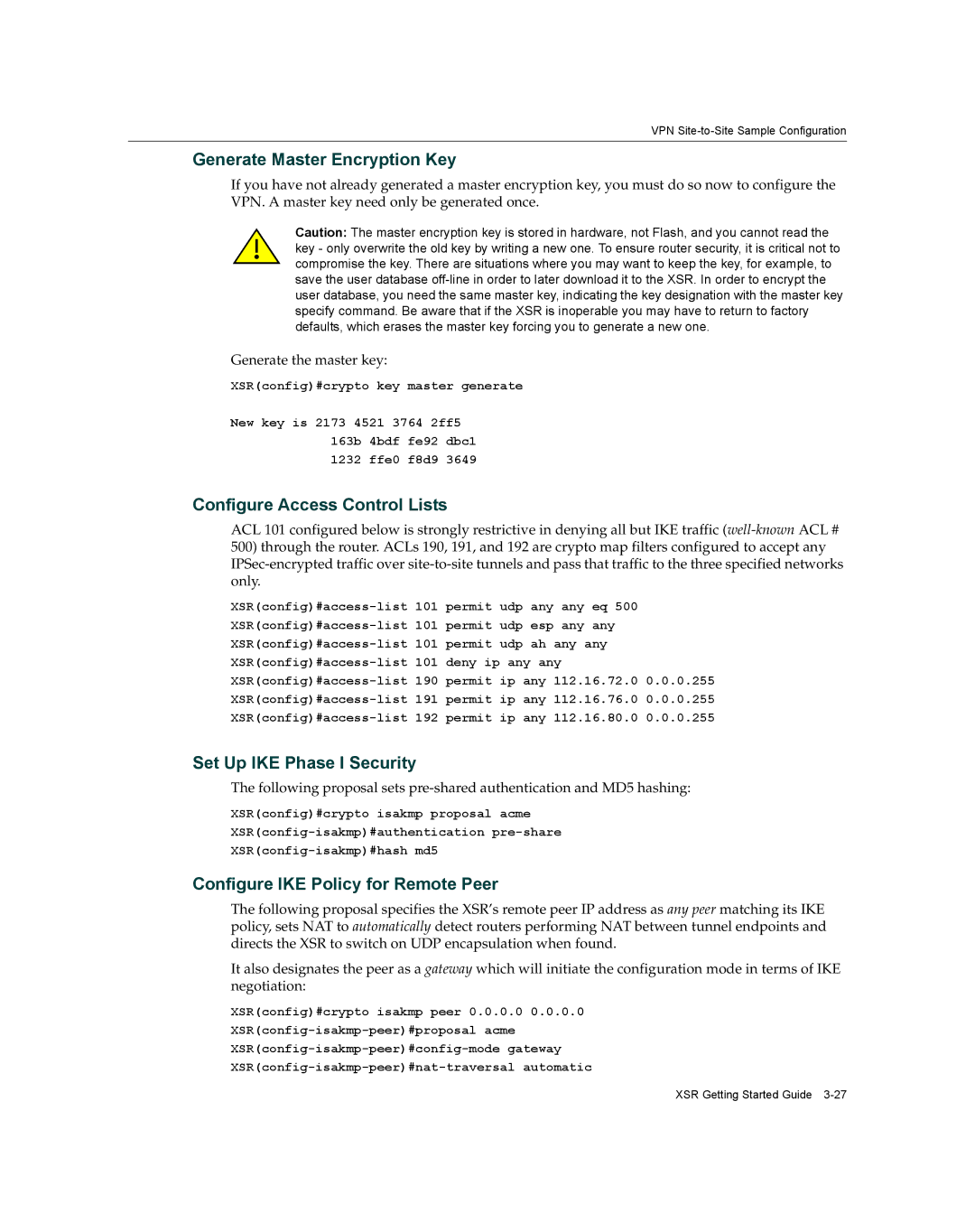 Enterasys Networks XSR-3020 Generate Master Encryption Key, Configure Access Control Lists, Set Up IKE Phase I Security 