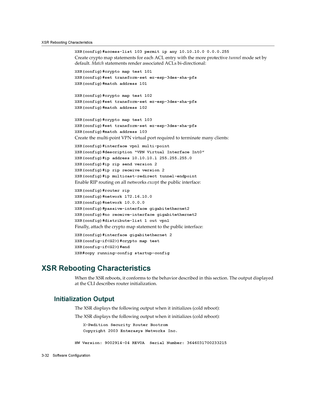 Enterasys Networks XSR-3020 manual XSR Rebooting Characteristics, Initialization Output 