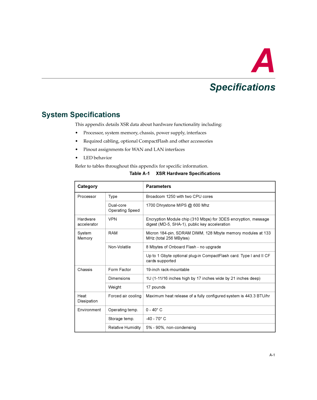 Enterasys Networks XSR-3020 manual System Specifications 