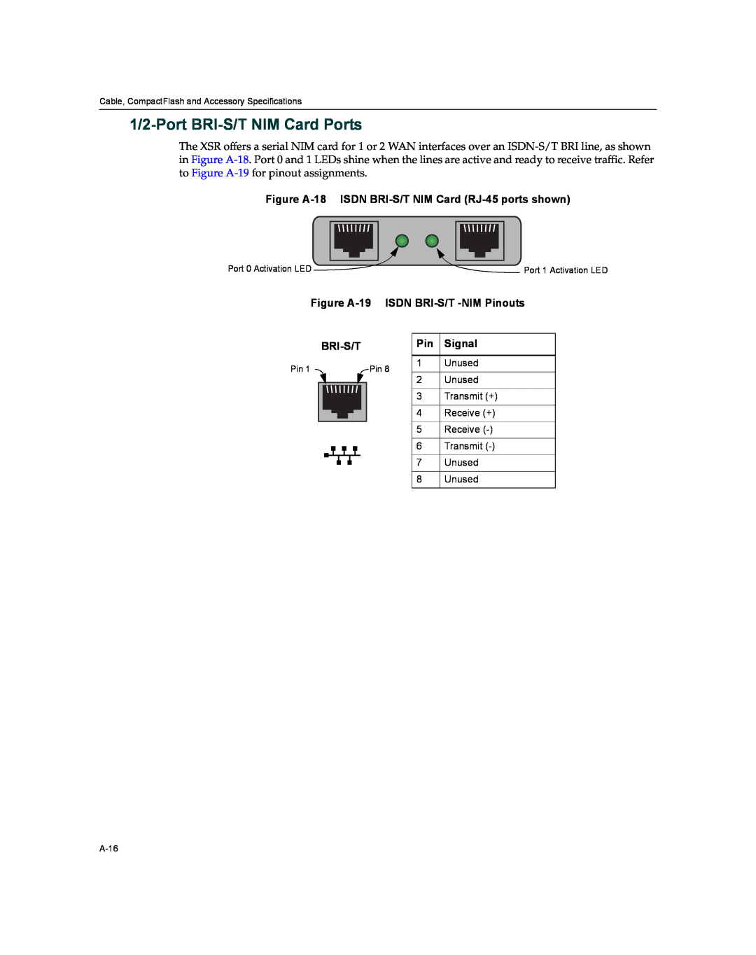 Enterasys Networks XSR-3020 1/2-Port BRI-S/T NIM Card Ports, Figure A-18 ISDN BRI-S/T NIM Card RJ-45 ports shown, Bri-S/T 
