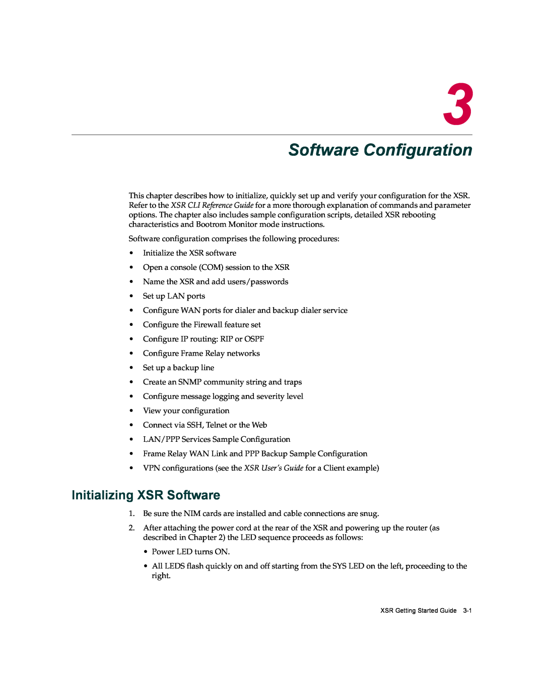 Enterasys Networks XSR-3020 manual Software Configuration, Initializing XSR Software 