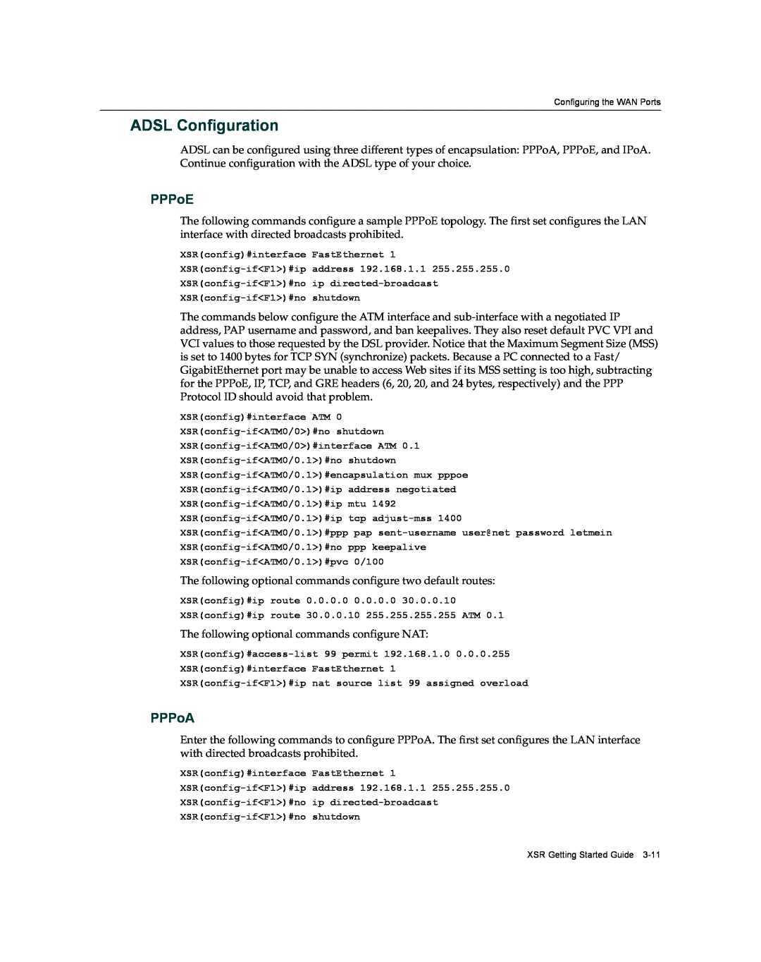 Enterasys Networks XSR-3020 manual ADSL Configuration, PPPoE, PPPoA 