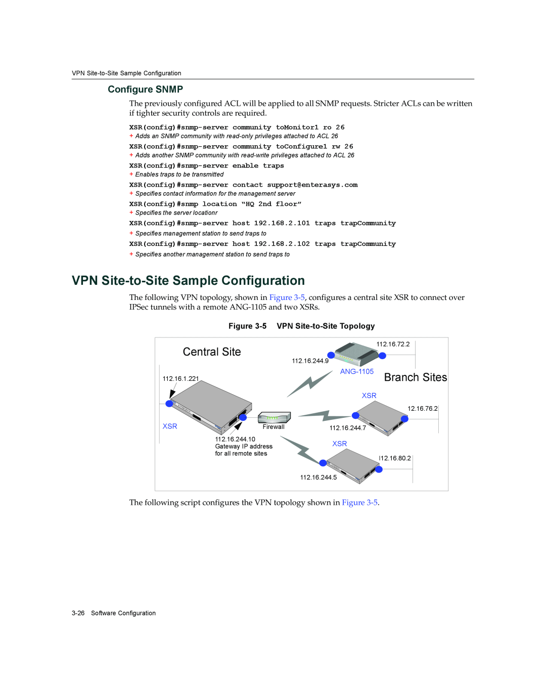 Enterasys Networks XSR-3020 manual VPN Site-to-Site Sample Configuration, Configure SNMP, Central Site, Branch Sites 
