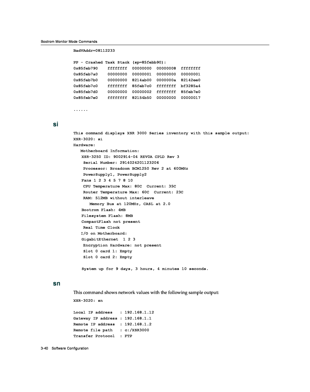 Enterasys Networks XSR-3020 manual This command shows network values with the following sample output 