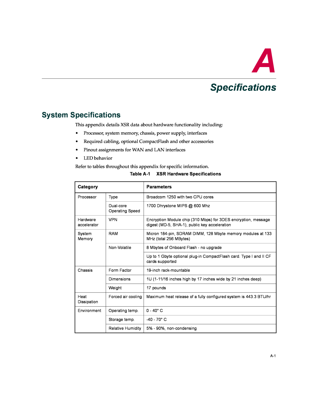 Enterasys Networks XSR-3020 manual System Specifications, Table A-1 XSR Hardware Specifications, Category, Parameters 