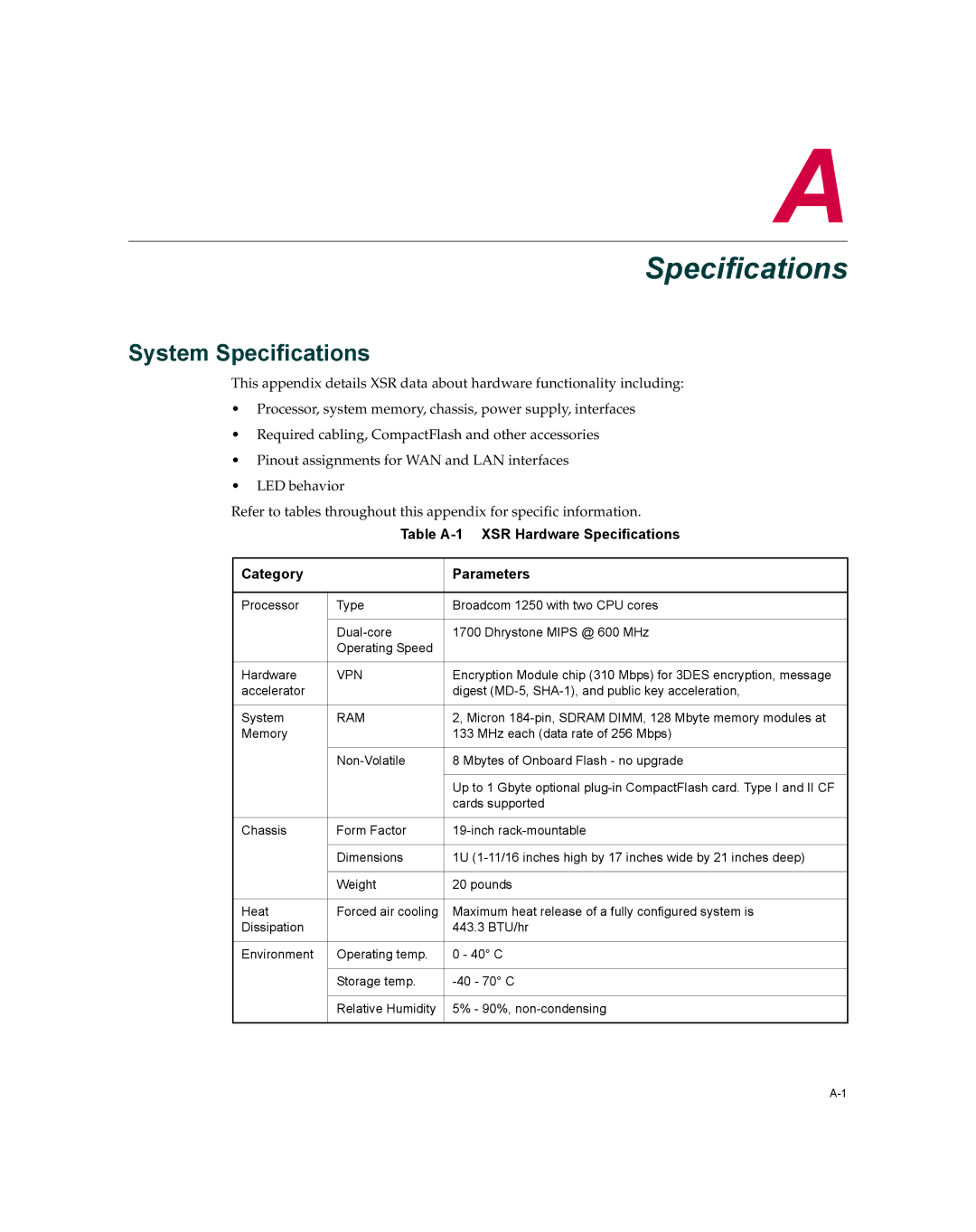 Enterasys Networks XSR-3150 manual System Specifications 