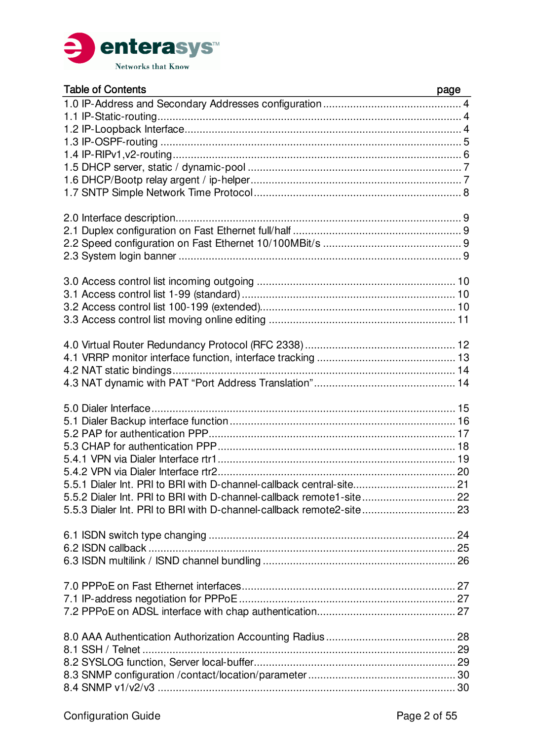 Enterasys Networks XSR-Series manual Table of Contents 