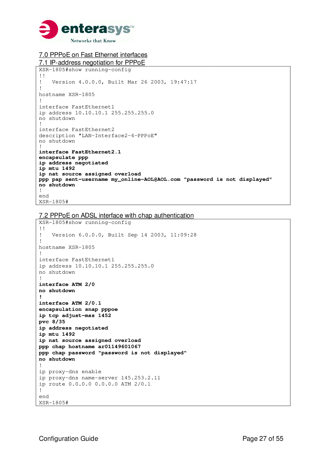 Enterasys Networks XSR-Series manual PPPoE on Adsl interface with chap authentication 