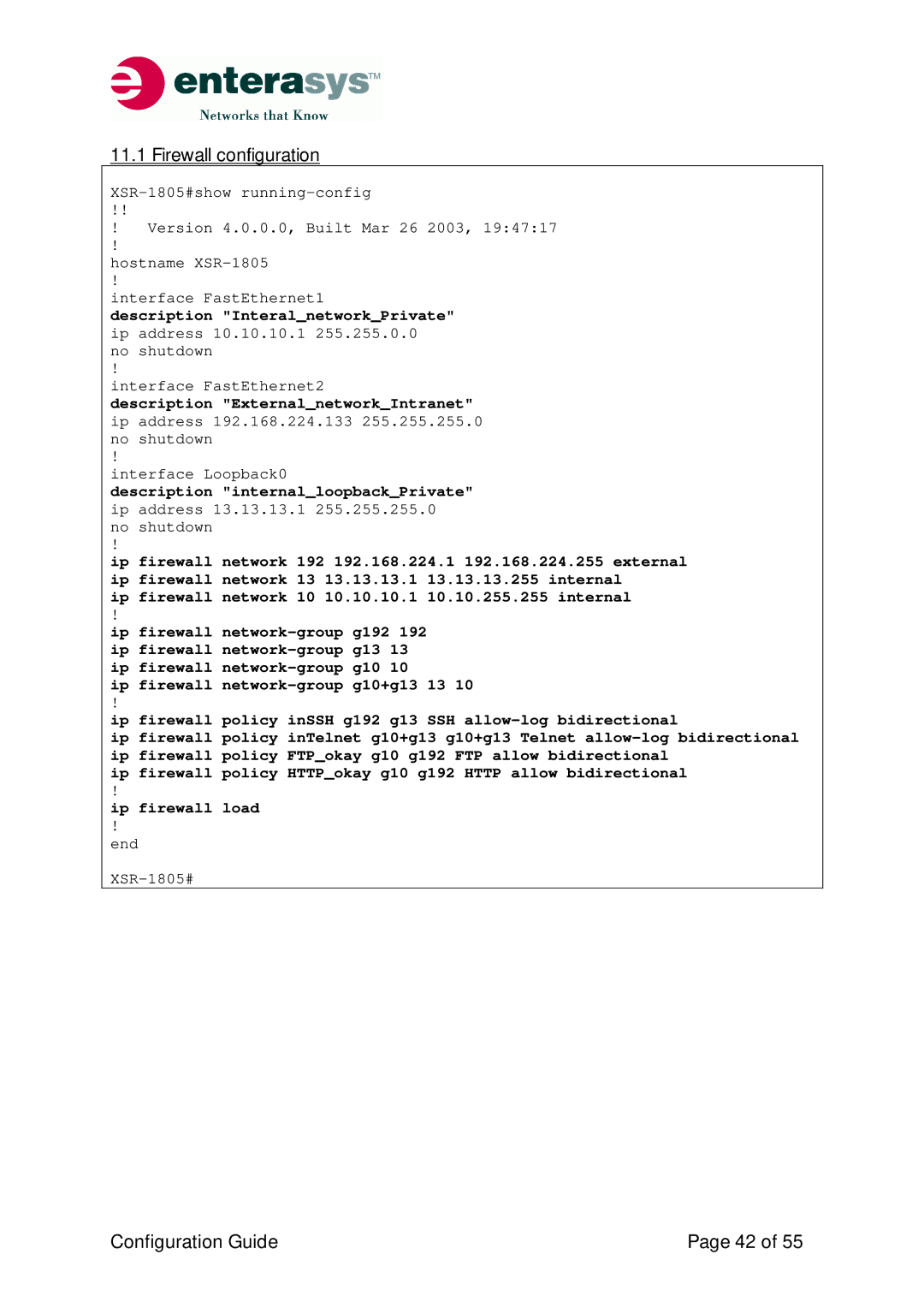 Enterasys Networks XSR-Series manual Firewall configuration, Description InteralnetworkPrivate ip address 10.10.10.1 