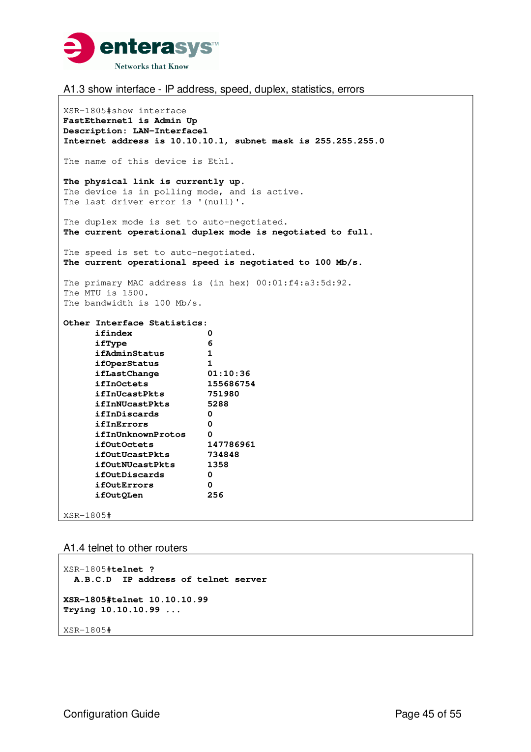 Enterasys Networks XSR-Series manual A1.4 telnet to other routers, Physical link is currently up 