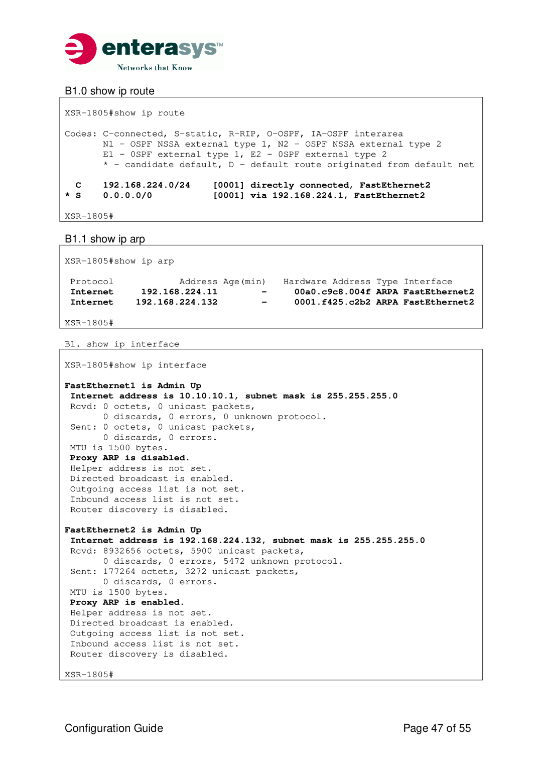 Enterasys Networks XSR-Series manual B1.0 show ip route, B1.1 show ip arp 