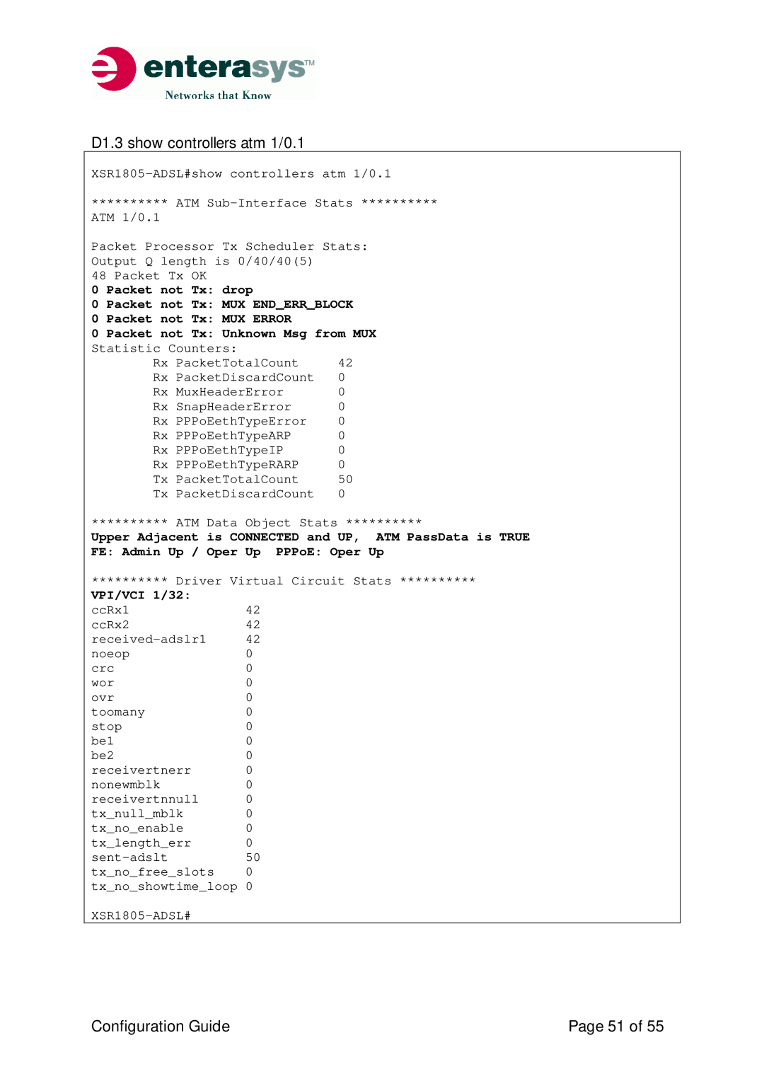 Enterasys Networks XSR-Series manual D1.3 show controllers atm 1/0.1, VPI/VCI 1/32 