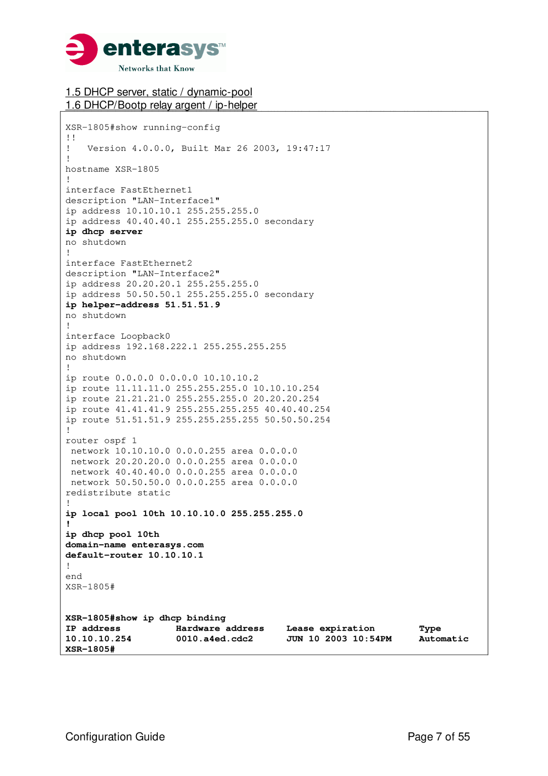 Enterasys Networks XSR-Series manual Ip local pool 10th 10.10.10.0 