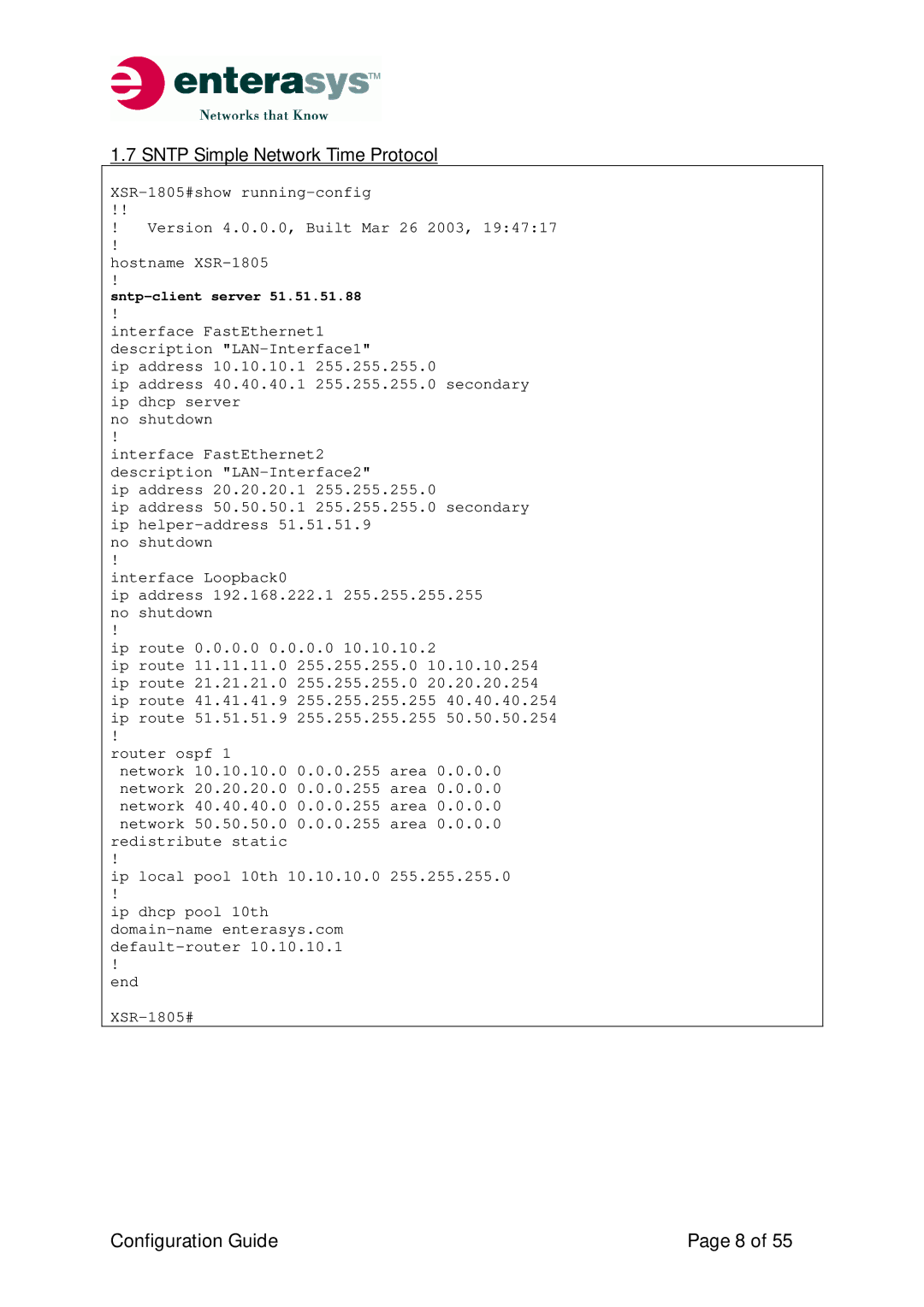 Enterasys Networks XSR-Series manual Sntp Simple Network Time Protocol 