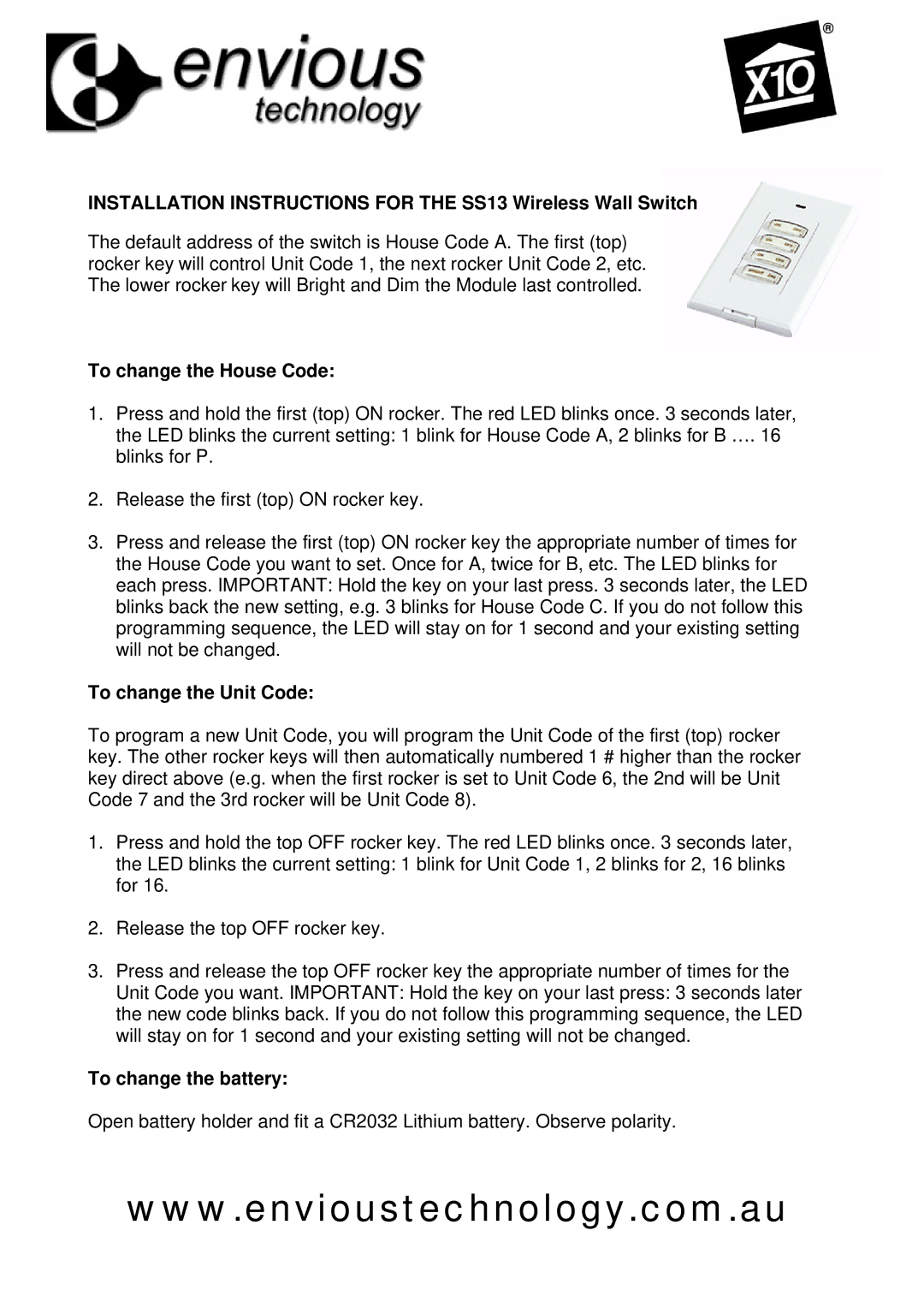 Envious Technology manual Installation Instructions for the SS13 Wireless Wall Switch, To change the House Code 