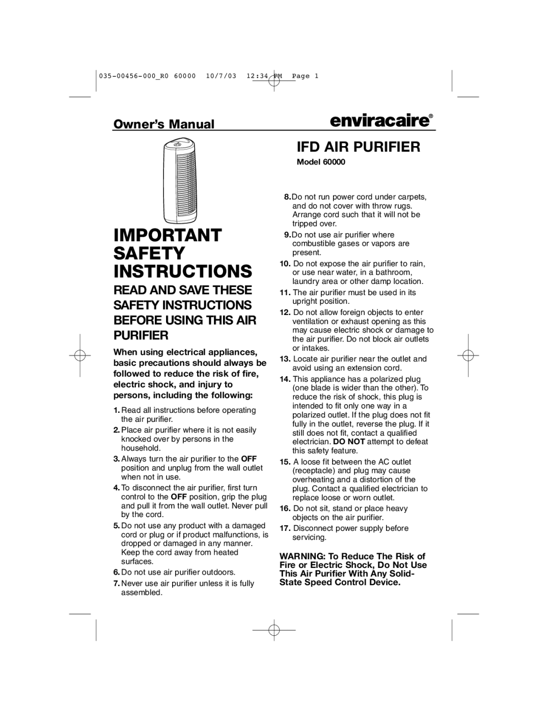 Enviracaire 60000 important safety instructions IFD AIR Purifier, Model 