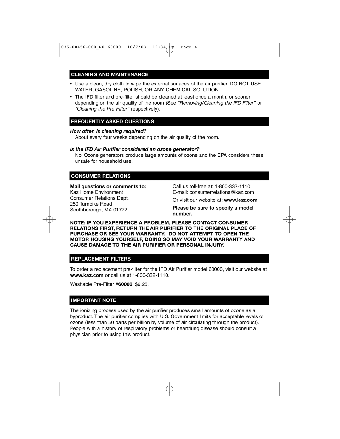 Enviracaire 60000 Cleaning and Maintenance, Frequently Asked Questions, Consumer Relations, Replacement Filters 