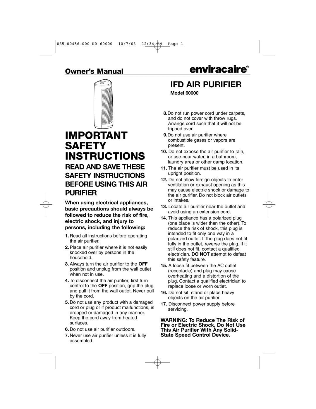 Enviracaire 60000 important safety instructions Important Safety Instructions, Ifd Air Purifier 