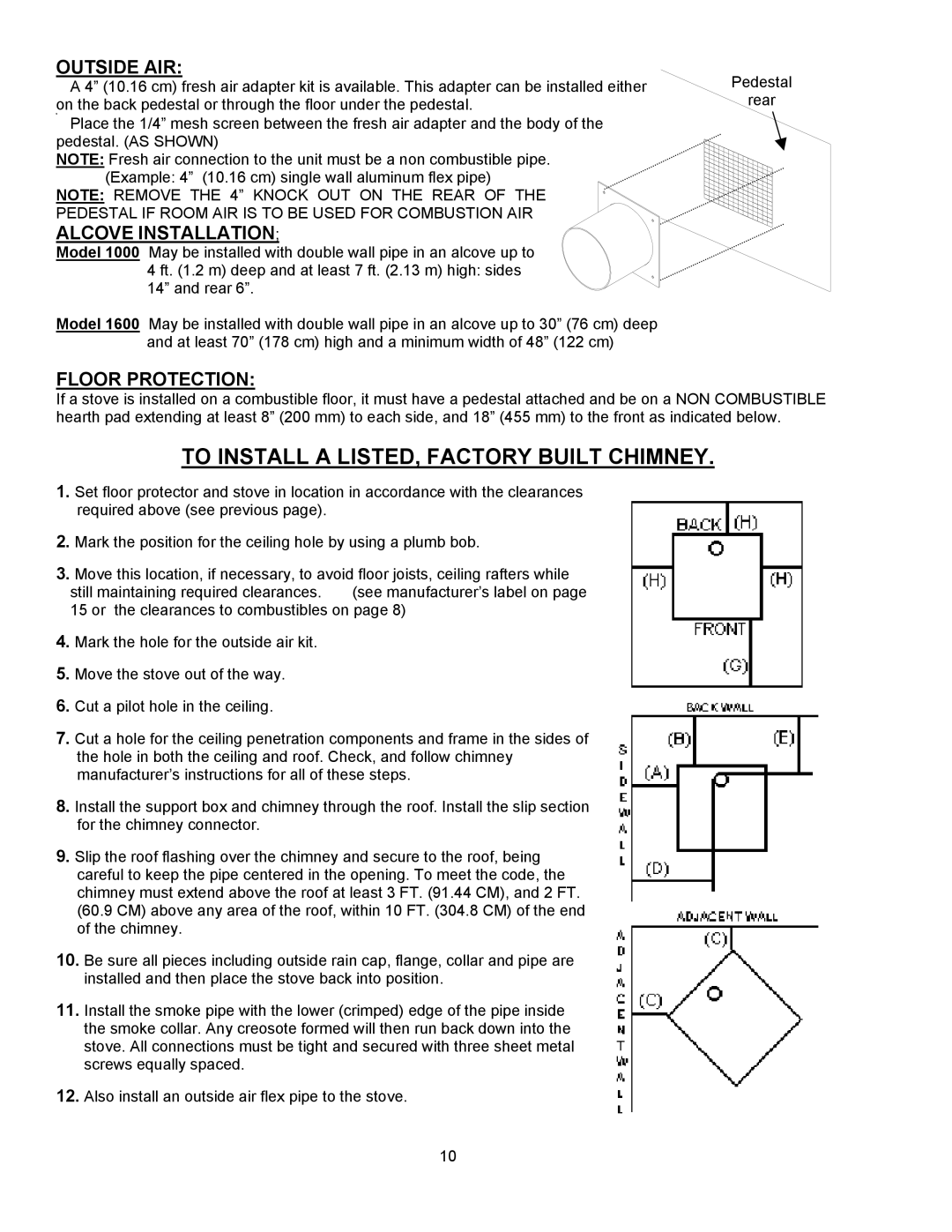 Enviro 1000, 1600INS To Install a LISTED, Factory Built Chimney, Outside AIR, Alcove Installation, Floor Protection 