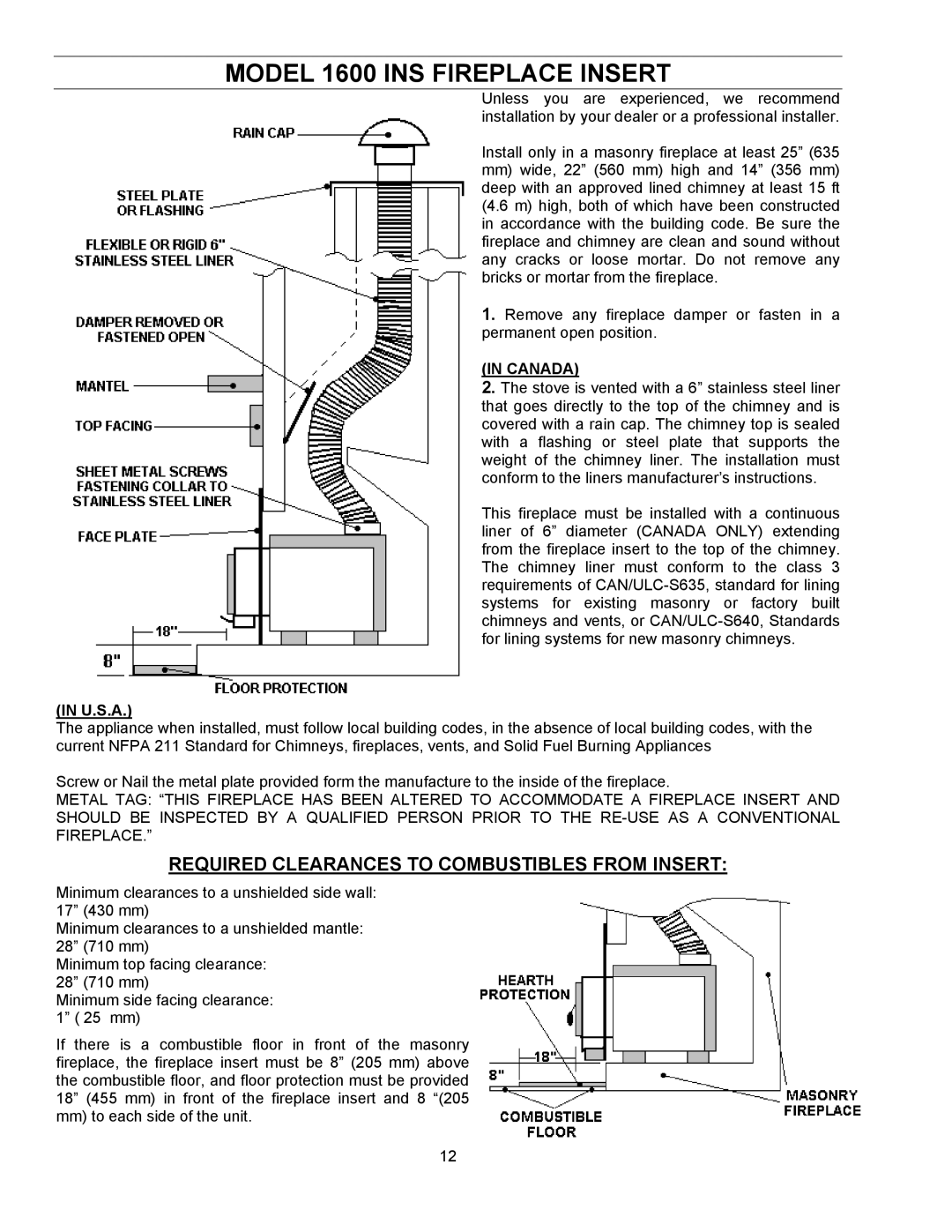 Enviro 1000, 1600INS manual Model 1600 INS Fireplace Insert, Required Clearances to Combustibles from Insert 