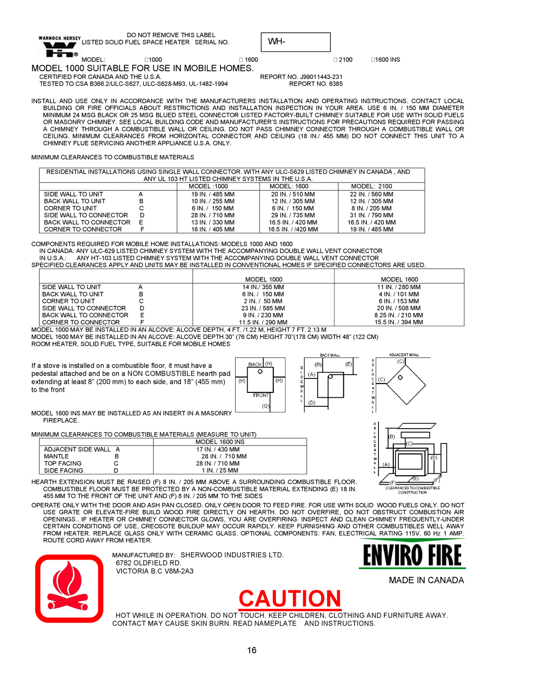 Enviro 1600INS manual Model 1000 Suitable for USE in Mobile Homes, Made in Canada 