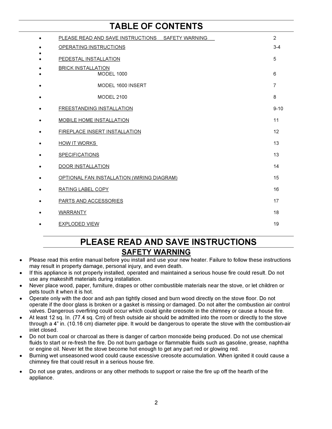 Enviro 1600INS, 1000 manual Table of Contents, Please Read and Save Instructions 