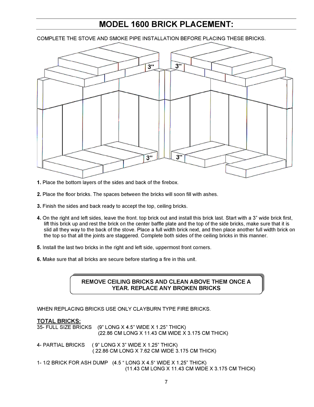 Enviro 1000, 1600INS manual Model 1600 Brick Placement 