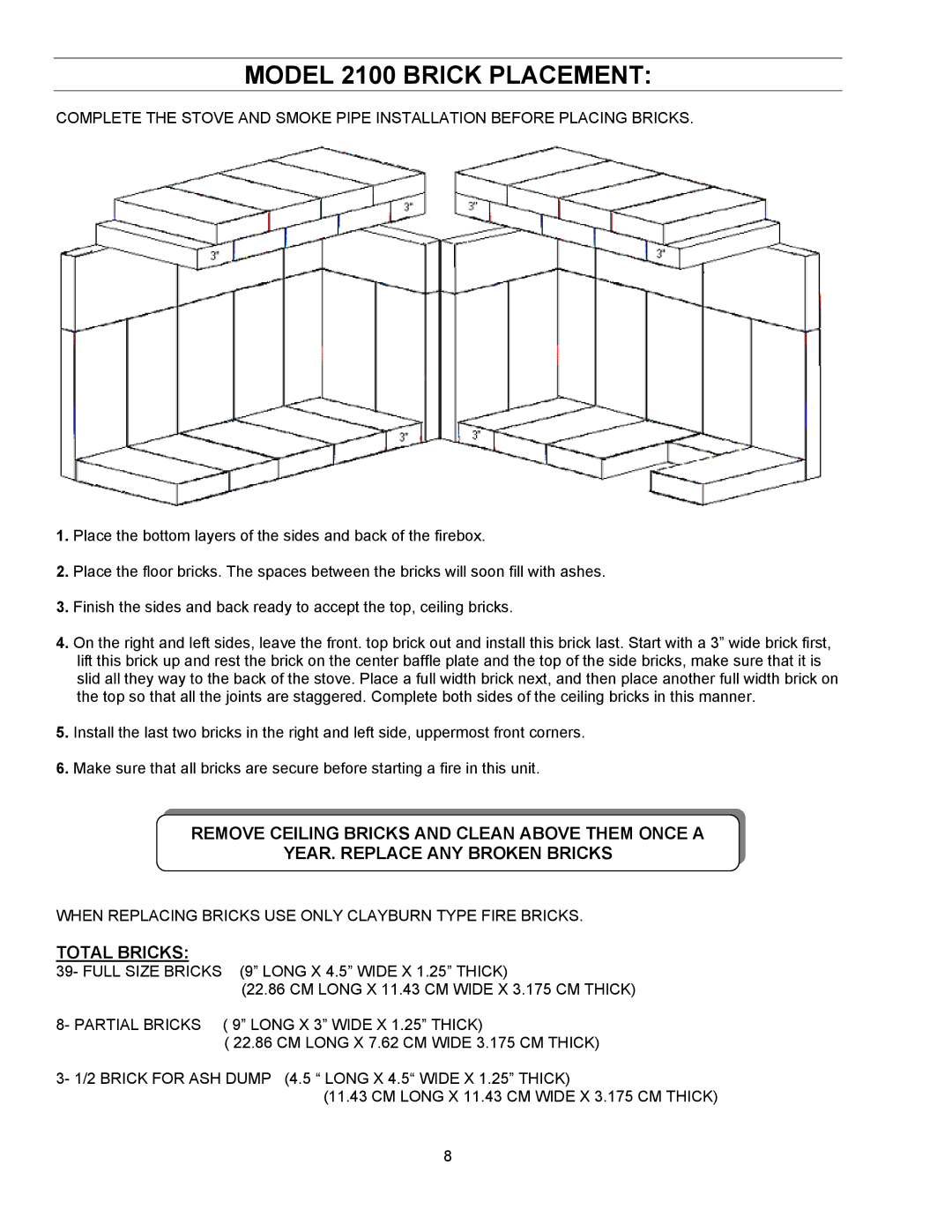 Enviro 1600INS, 1000 manual Model 2100 Brick Placement 