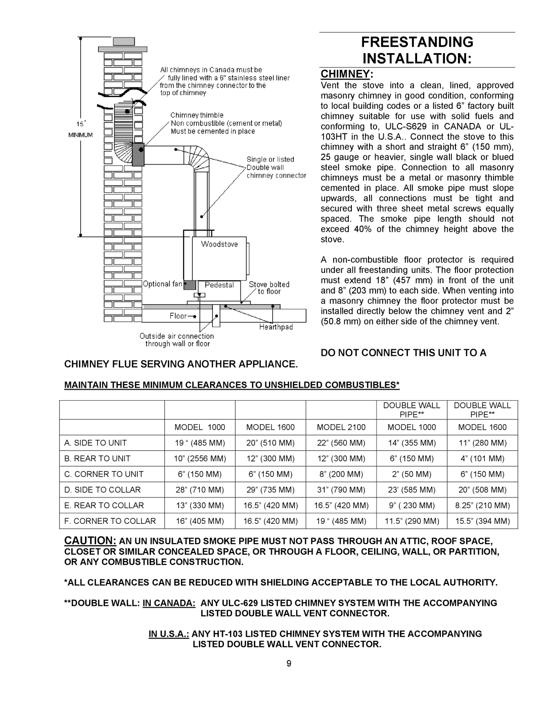 Enviro 1000, 1600INS manual Freestanding Installation, Chimney 