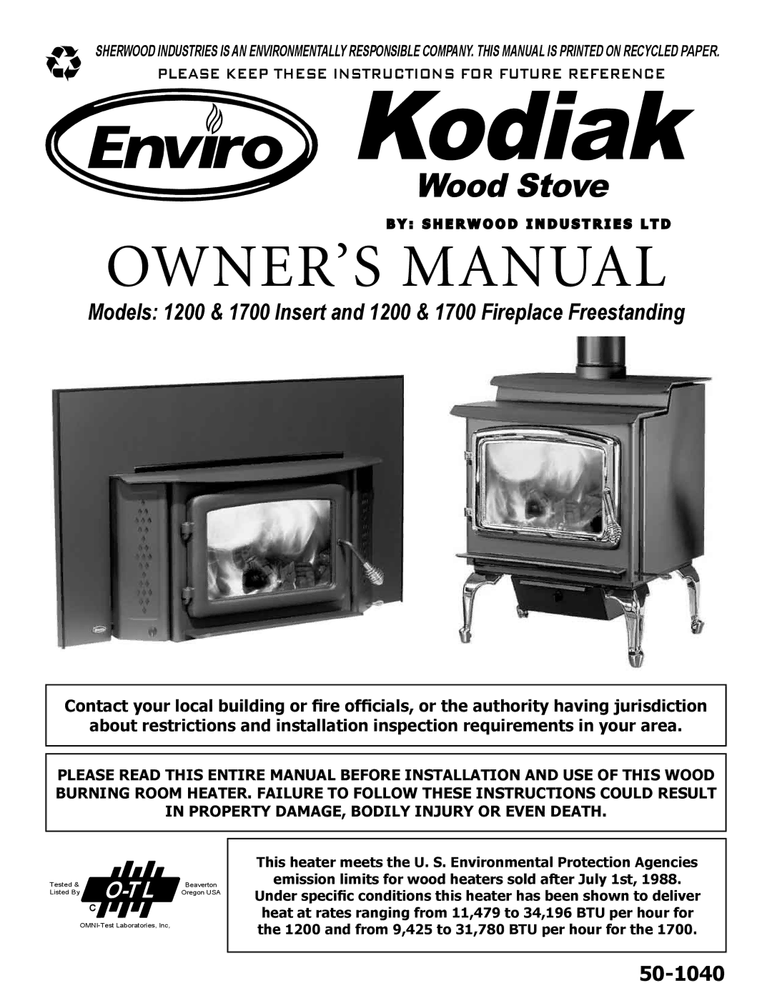 Enviro 1200, 1700 owner manual Wood Stove 