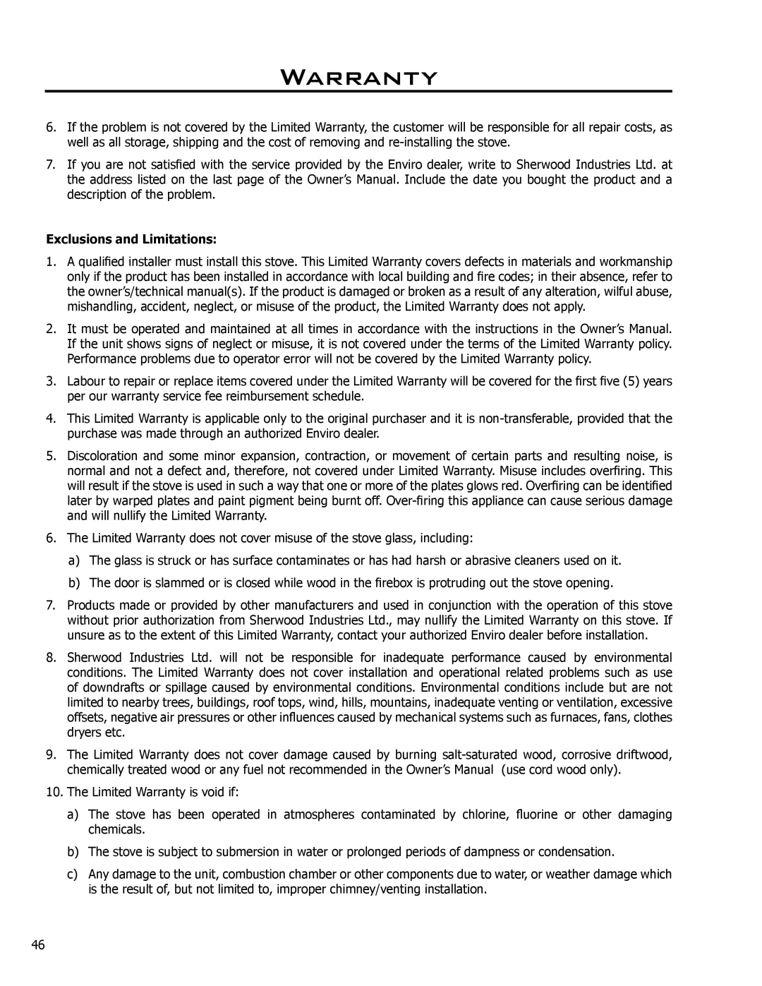 Enviro 1700, 1200 owner manual Exclusions and Limitations 