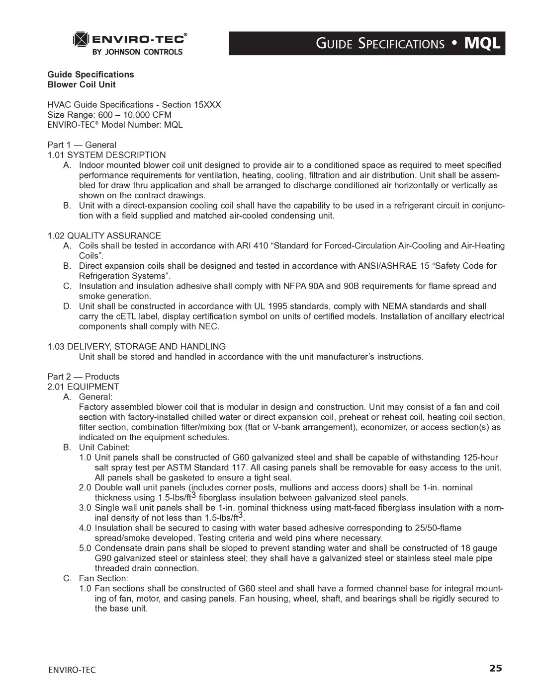 Enviro 170S5FG manual Guide Specifications MQL, Guide Specifications Blower Coil Unit 